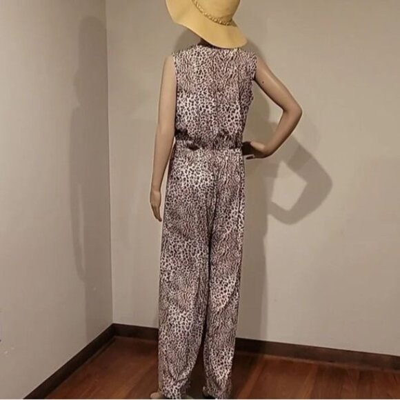 Ellen Tracy Womens Leopard Print Sleeveless Wrap Jumpsuit S Polyester Spandex - Picture 2 of 12